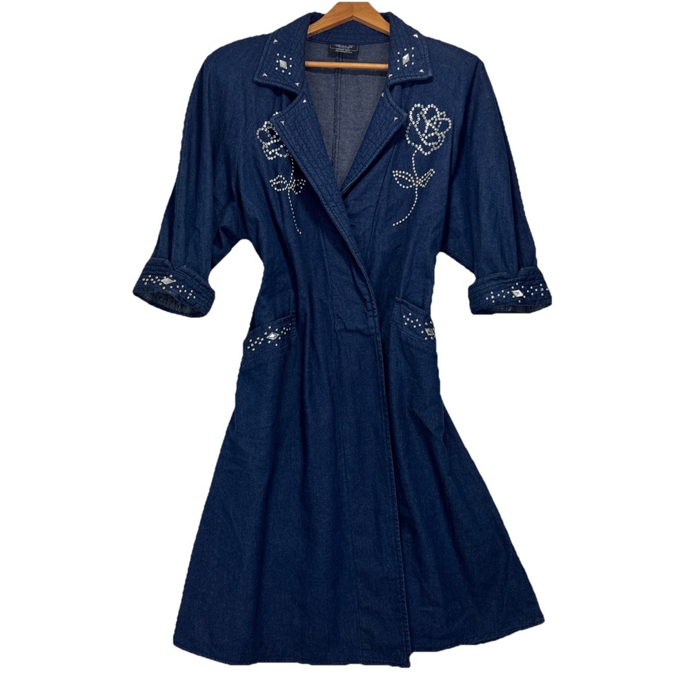 VTG PG Collections Ginger Bort Denim Wrap Dres Women L Blue Rhinestone Rose Stud